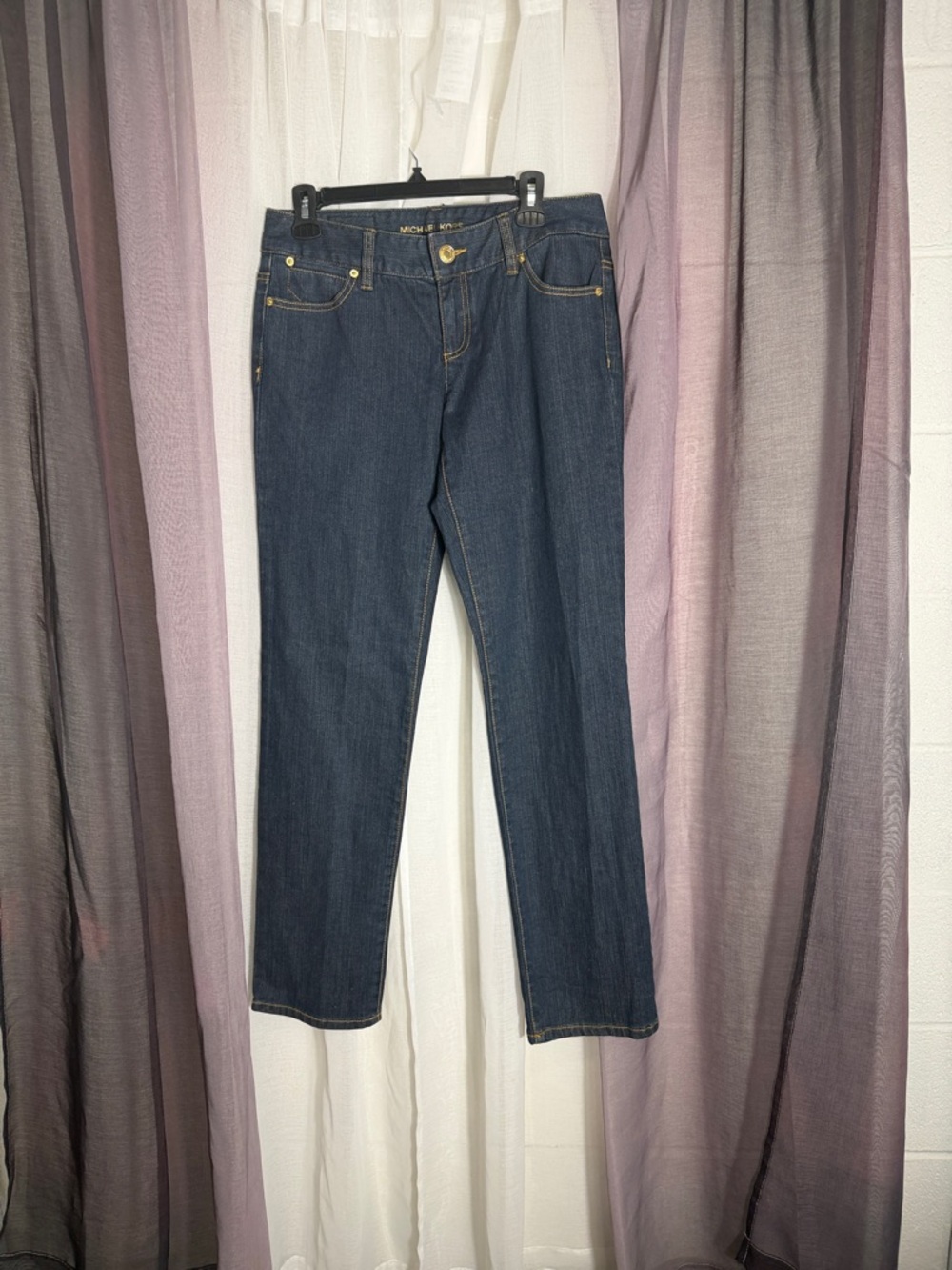 Michael Kors Dark Indigo Straight Leg Jeans with Gold Hardware